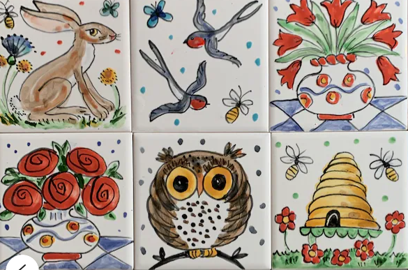 picture of 6 ceramic tiles decorated with paint