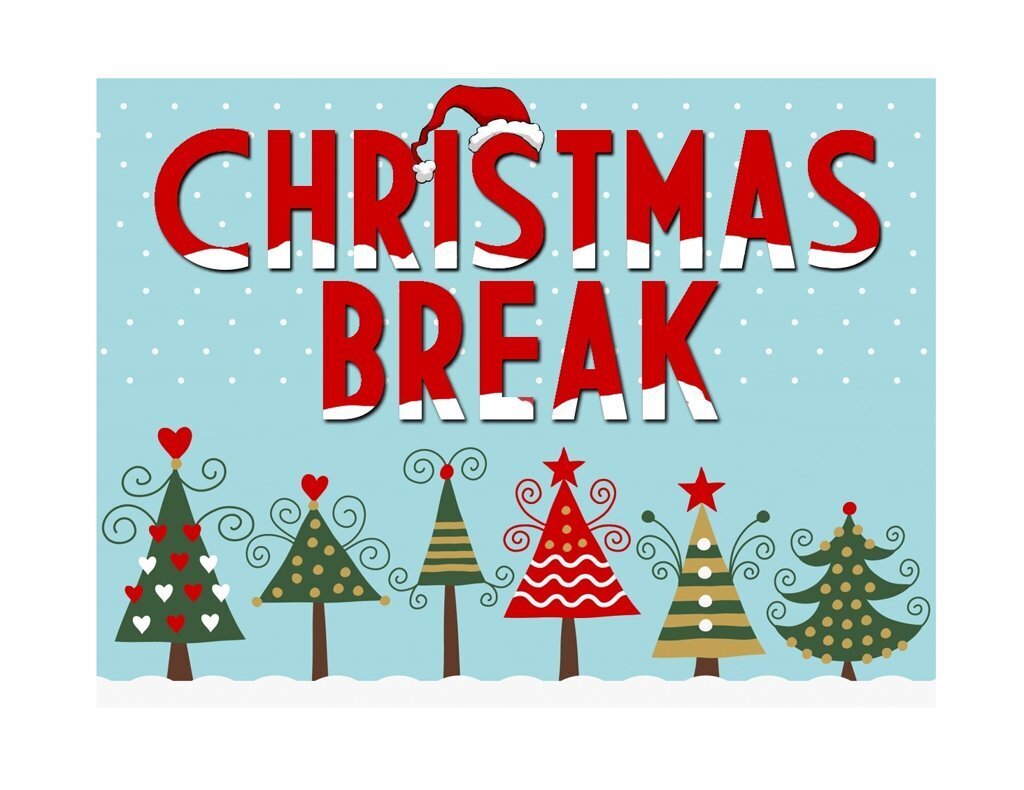 picture of snowy trees with Christmas break in letters