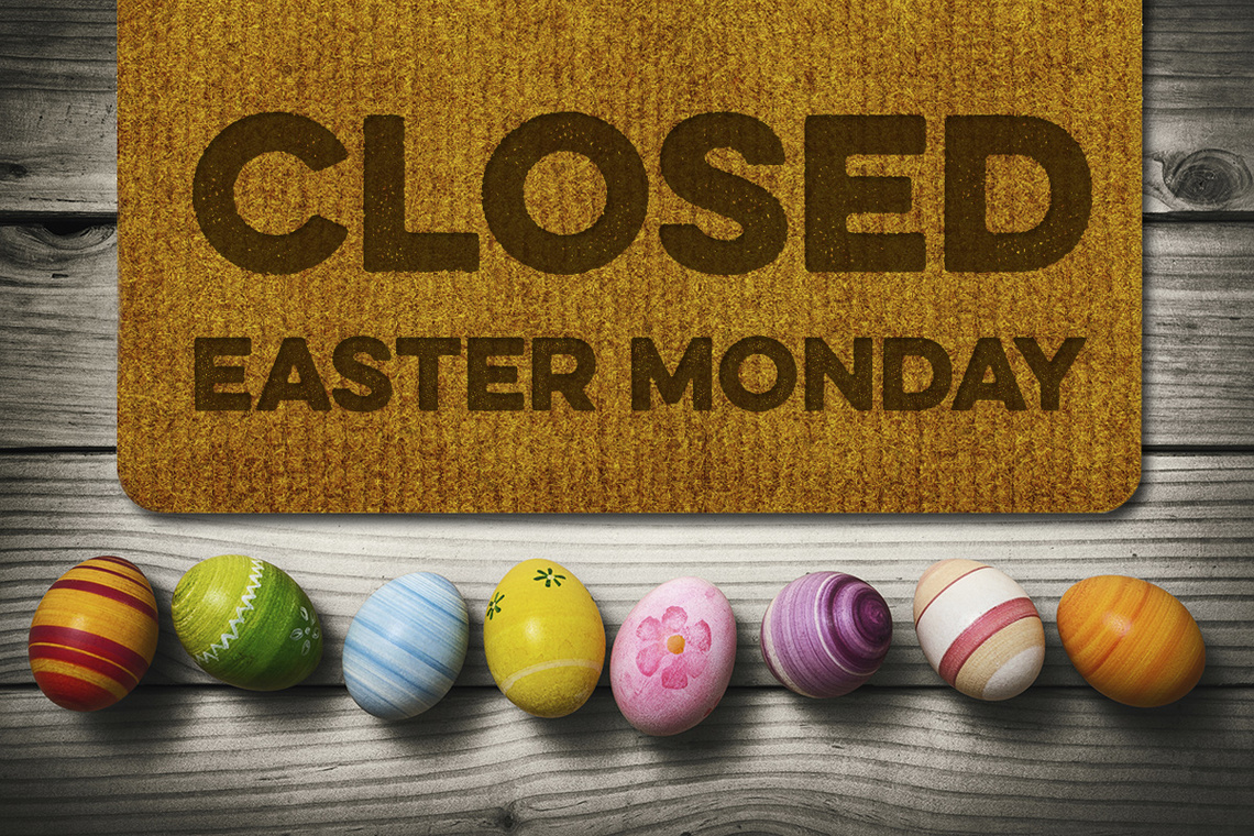 door mat with easter eggs saying easter monday closed