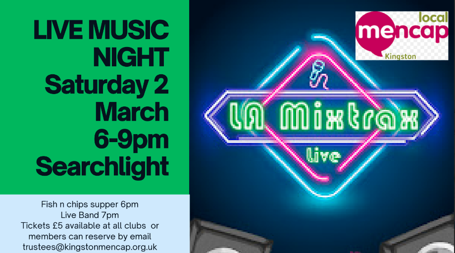 details of a livemusic night at the Searchlightcentre with bank Mixtrax 
